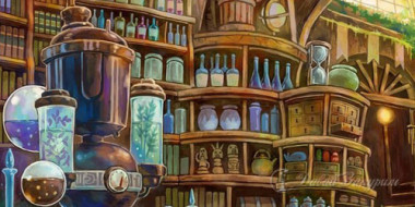 raznotsvetnye-sklianki-na-polkakh-v-laboratorii-alkhimika-miksy-tabaka-shcherbetli