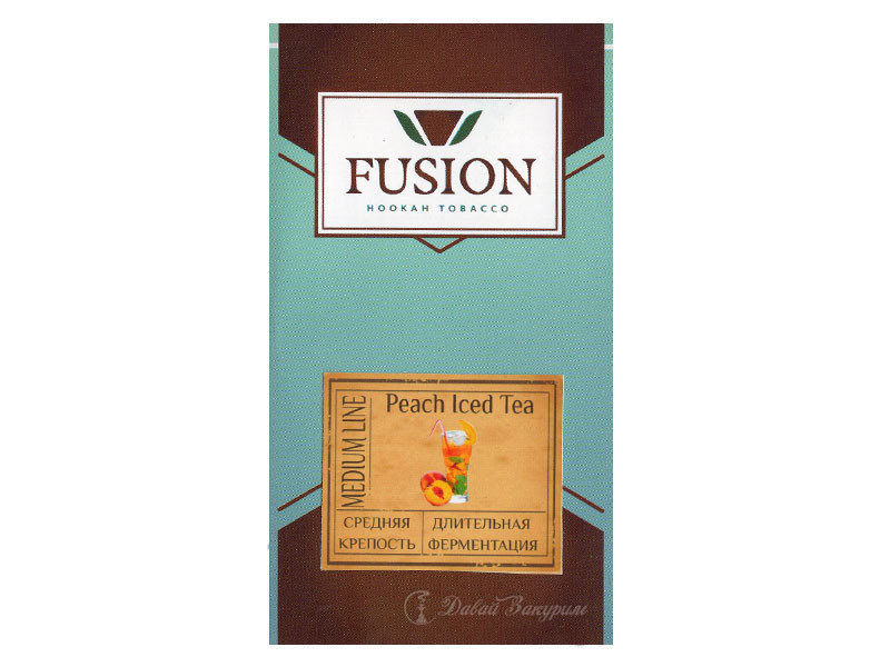 fusion-hookah-tobacco-peach-iced-tea-medium-line-sredniaia-krepost-dlitelnaia-fermentatsiia-izobrazhenie-na-upakovke-stakan-okhlazhdennogo-chaia-i-persik