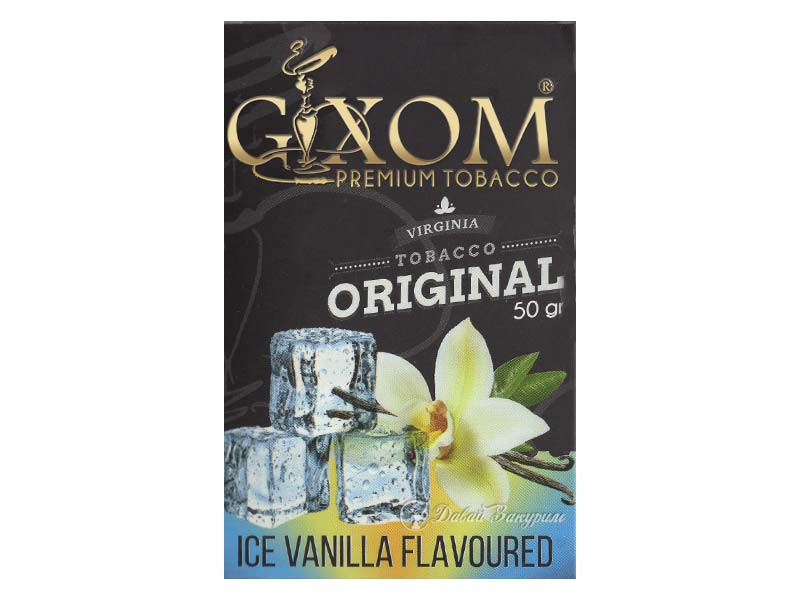 gixom-premium-tobacco-virginia-tobacco-original-50-gr-ice-vanilla-flavoured-izobrazhenie-na-pachke-tsvetok-vanili-i-kubiki-lda